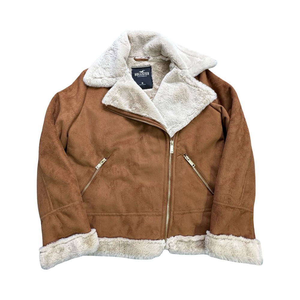 Hollister Aviator Jacket Womens M Tan Faux Suede Sherpa Lined Moto Western